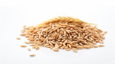 A small pile of barley grains showcased in a close-up realistic photo against a white background Generative AIの素材