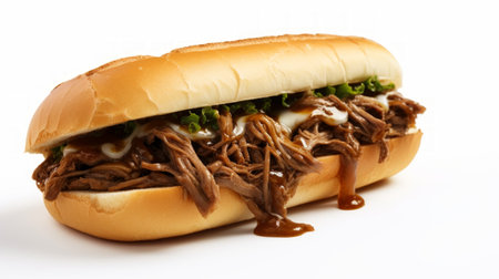 A savory French dip sandwich captured in a close-up realistic photo against a white background Generative AIの素材