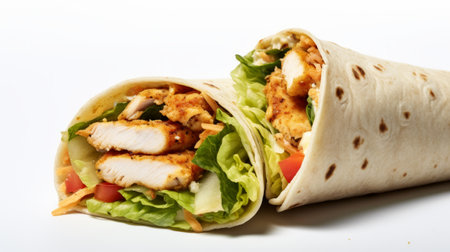 A flavorful chicken Caesar wrap showcased in a close-up realistic photo against a white background Generative AIの素材