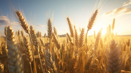 Generative AI A time-lapse sequence showing the growth journey of wheat, from seed sowing to the development of golden wheat heads in a sunlit field.の素材