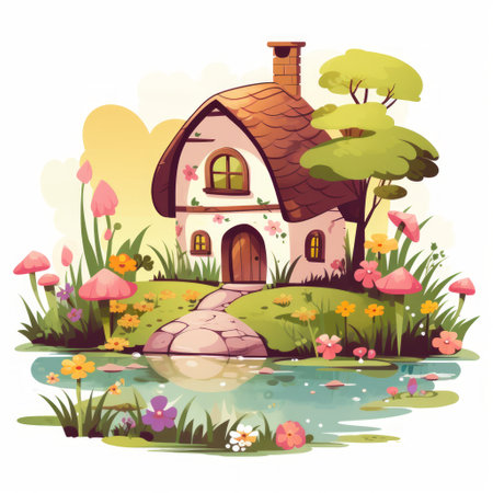 Generative AI A charming fairytale dwelling showcasing a tiny pond and a blossoming garden.の素材