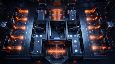 Generative AI A top-down view of a networked cluster of servers and workstations in a render farm, illustrating the interconnected infrastructure powering high-quality graphics and animationsの素材