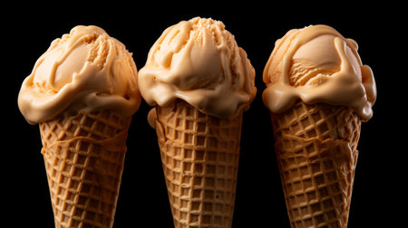 A trio of salted caramel ice cream scoops captured in a close-up realistic photo against a white background Generative AIの素材