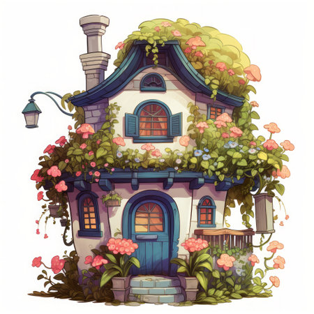 Generative AI A fairytale abode featuring a vibrant rooftop garden and quaint window boxes.の素材
