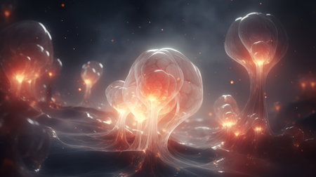 Generative AI Abstract nebulous forms resembling celestial bodies in a cosmic-inspired background.の素材