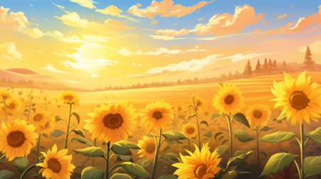 Generative AI A tranquil, misty morning in a field of sunflowers. vector cartoon graphicの素材