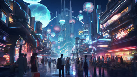 Generative AI A cybernetic cityscape illuminated by neon lights, augmented reality interfaces, and bustling crowds immersed in an advanced digital ecosystemの素材