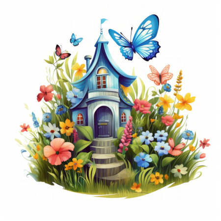 Generative AI A whimsical cottage surrounded by tall grass, wildflowers, and fluttering butterflies.の素材