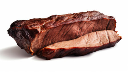 A tender beef brisket piece showcased in a close-up realistic photo against a white background Generative AIの素材