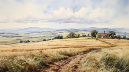 Generative AI A tranquil countryside scene with rolling hills and a farmhouse.の素材