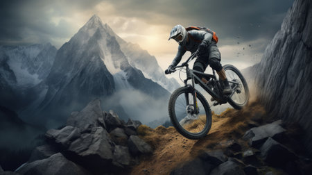 Generative AI A high-energy visualization showcasing a mountain biker descending a steep, rocky terrain, surrounded by breathtaking panoramic mountain viewsの素材