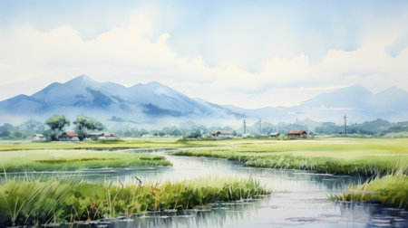 Generative AI A tranquil rice paddy field with mountains in the distance.の素材