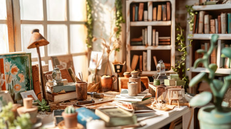 Generative AI Bookish vignette, miniature library scene, feminine sticker art bookmarks, atmospheric watercolor tones in white and bronze, grocery art-inspired school settingの素材