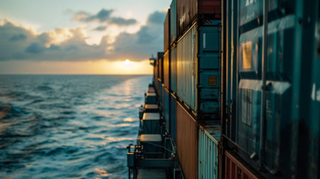 Generative AI Close-up of cargo containers on the deck, stacked high, ocean backdrop, dynamic lighting, atmospheric sceneの素材