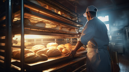 Generative AI Chef baking bread in a commercial oven, skilled baking process, kitchen ambiance with baking equipment visibleの素材
