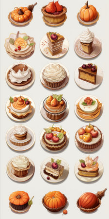 Generative AI Detailed miniature illustrations of Thanksgiving desserts like pumpkin pie and apple tart, presented in a feminine sticker art style with white and bronze color palettes.の素材