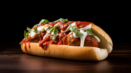 Close-up realistic photo of a meatball marinara sub sandwich on a white background Generative AIの素材