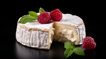 Close-up realistic photo featuring a soft camembert cheese against a white background Generative AIの素材