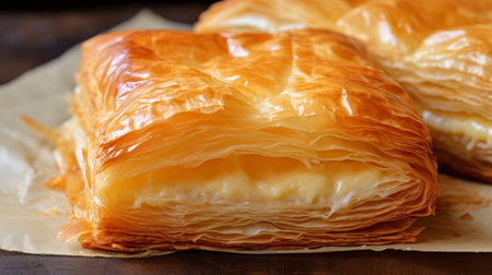 Generative AI Flaky and buttery puff pastry, layers visible, showing the process of laminating and folding.の素材
