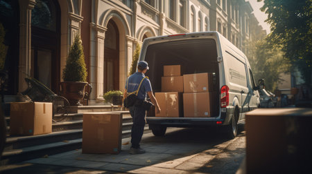 Generative AI Courier delivering goods to a business establishment, unloading packages from the car for commercial deliveriesの素材