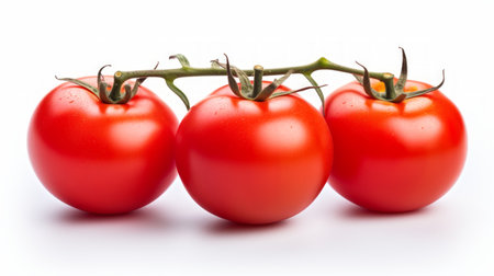 Close-up realistic photo of three plump, ripe tomatoes on a white background Generative AIの素材