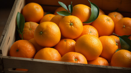 Close-up realistic photo of a box filled with juicy oranges and tangerines Generative AIの素材