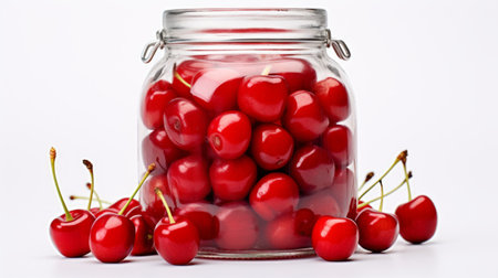 Close-up realistic photo showcasing a glass jar packed with sweet red cherries against a white background Generative AIの素材