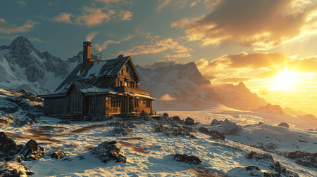 Generative AI Endless icefields, warm tones, distant research station, realistic fading sun, immersive Antarctic sceneryの素材