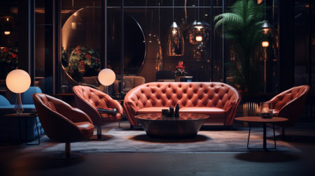 Generative AI Fashionable cocktail lounge with stylish seating and ambient lighting.の素材