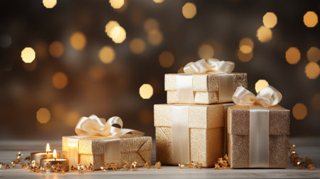 Generative AI Hyper-realistic scene showcasing stylishly wrapped white and gold Christmas gifts placed on an empty table, surrounded by enchanting blurred bokeh lights. Sophisticated and festive setting, refined presentation of holiday giftsの素材