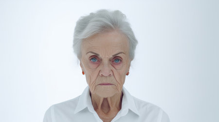 Generative AI Concerned old woman boss, pensive expression, somber demeanor, introspective stance, white backdrop, contemplation, on white backgroundの素材