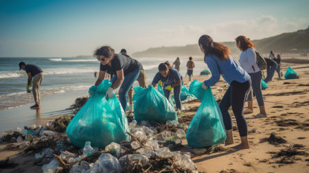 Generative AI Coastal cleanup initiative depicting volunteers collecting plastic waste and cleaning beaches.の素材