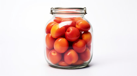 Glass jar filled with juicy, succulent nectarines, close-up realistic photo against a white background Generative AIの素材