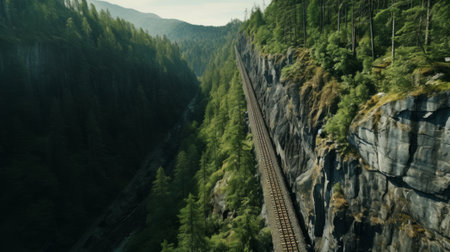 Generative AI High-altitude shots of a railway cutting through dense forests and rocky cliffs in the mountainous terrain.の素材