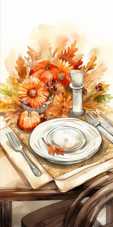 Generative AI Miniature digital embellishments portraying a festive Thanksgiving table setting with atmospheric watercolor backgrounds, emphasizing cottagepunk elements and loose lineworkの素材