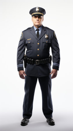 Generative AI Middle-aged male police officer in uniform, subtle smile, confident posture, full-height view on a plain white backdropの素材