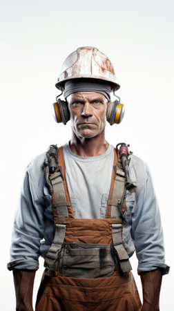 Generative AI Middle-aged male construction worker in gear, tools in hand, gentle smile, full stature against a plain white backgroundの素材