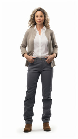 Generative AI Middle-aged female IT professional with a laptop, slight smile, standing upright, full-body view on a white backdropの素材