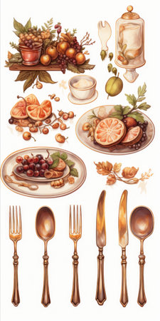 Generative AI Miniature digital sticker set depicting a lavish Thanksgiving dinner table with atmospheric watercolor hues, emphasizing bronze cutlery and white table settings in a cottagepunk style.の素材