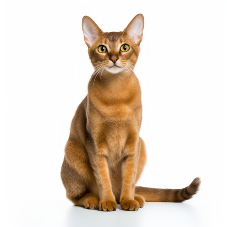 Gleeful Abyssinian Cat sitting on a white background, curious expression, lively posture Generative AIの素材