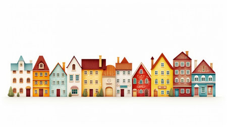 Generative AI In the village, each house is made of wood, decorated with carvings and colorful facades. white backgroundの素材