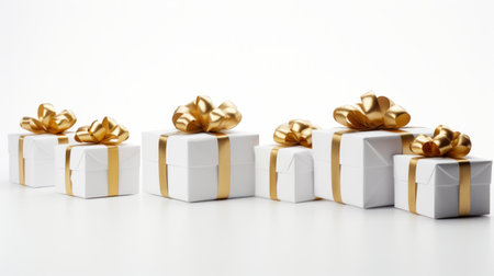 Generative AI 5 white gifts wrapped with golden ribbon on a white isolated backgroundの素材
