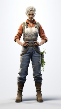 Generative AI Middle-aged female gardener with gardening tools, slight smile, proud stance, in full height against a white backdropの素材
