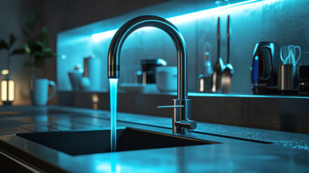 Generative AI High-tech motion-sensor kitchen faucet, smart features, water display, sleek and futuristic design, photorealistic depictionの素材