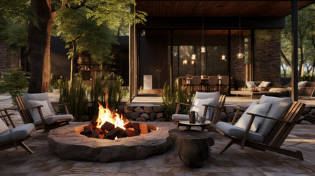 Generative AI Inviting outdoor patio with comfortable seating and a fire pit.の素材