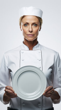 Generative AI Middle-aged female chef in chef attire, subtle smile, holding a dish, presenting proudly, against a plain white backdropの素材