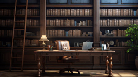 Generative AI Impeccably designed study room with a mahogany desk and bookshelves.の素材