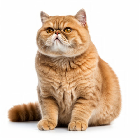 Joyous Exotic Shorthair Cat sitting on a white background, plush coat, content and relaxed Generative AIの素材