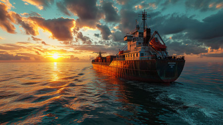 Generative AI Large cargo ship during sunrise, warm hues, containers casting shadows, serene ocean, photorealistic depictionの素材