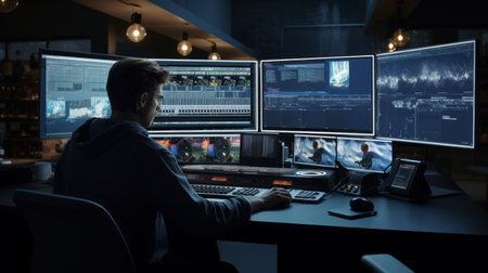 Generative AI Journalist editing footage in a video editing suite, focused on storytelling, computer screens and editing software visibleの素材